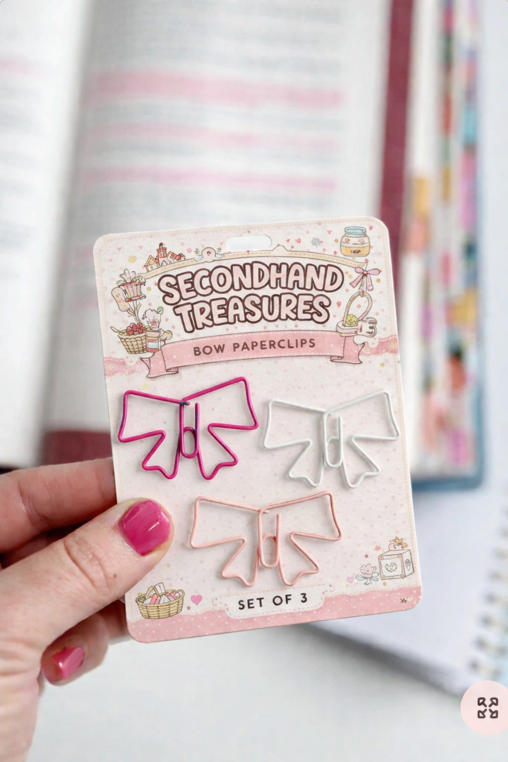 Secondhand Schoolhouse Bow Paperclips – Set of 3 | Vintage Thrift Inspired Planner Clips | Pink Desk Accessories | Coquette Office Supplies