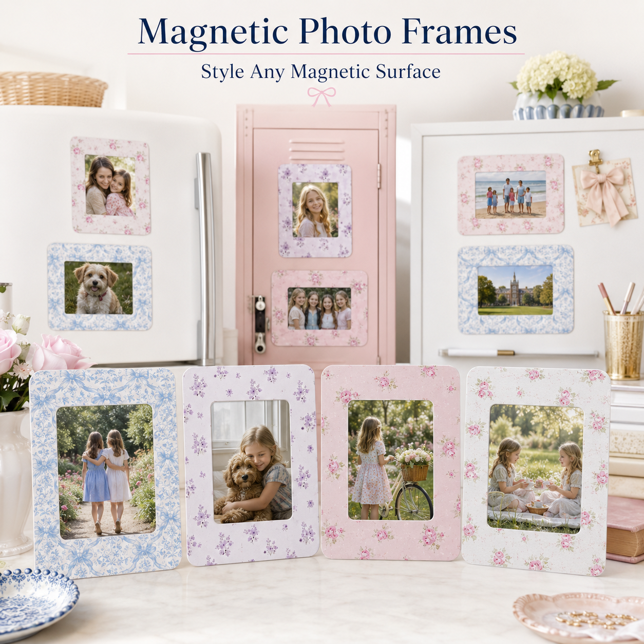 Magnetic Photo Frames Set of 4, Scalloped Floral 4x6 Picture Frames, Locker Fridge Classroom Whiteboard Décor