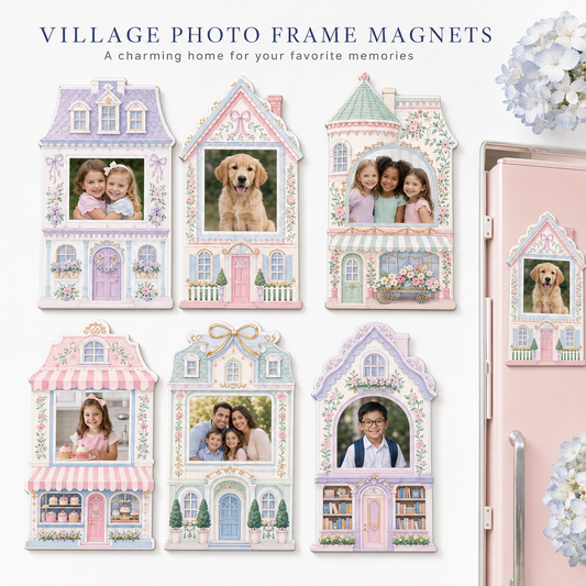 Village Photo Frame Magnets Set, Personalized Fridge Picture Magnets, Cottagecore House Décor, Grandmillennial Family Gift