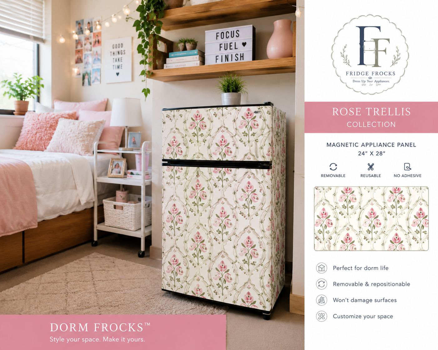 Magnetic Mini Fridge Panels | Fridge Frocks™ Removable Dorm Room Fridge Decor