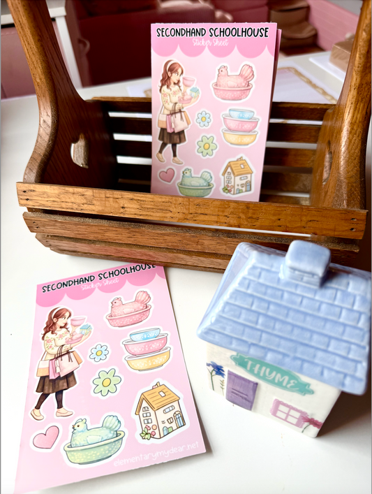 Secondhand Schoolhouse Sticker Sheet • Thrift Girl Aesthetic Stickers • Vintage Cottagecore Planner Stickers • Pyrex Bowls & Hen on Nest • Junk Journal & Scrapbook Stickers