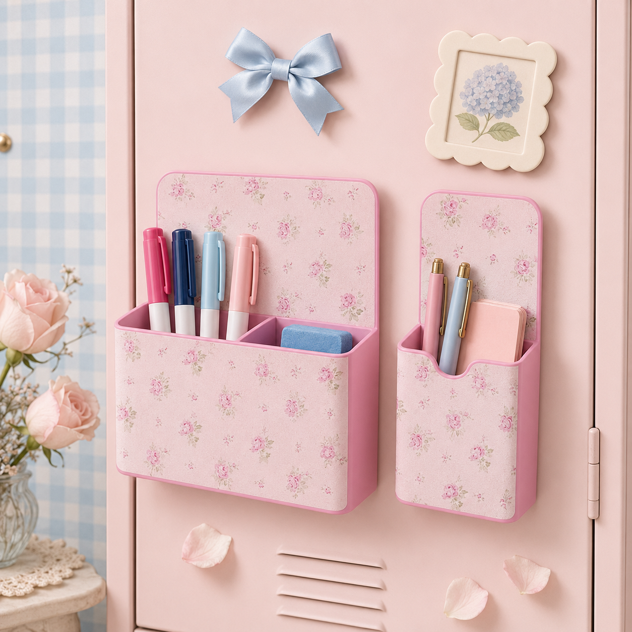 Magnetic Locker Decor Set, 6 Piece Locker Organizer With Pen Holders, Photo Frame and Bow Magnets, Cute Locker Accessories