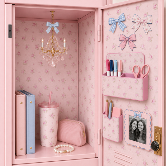 Magnetic Locker Decor Set, 6 Piece Locker Organizer With Pen Holders, Photo Frame and Bow Magnets, Cute Locker Accessories