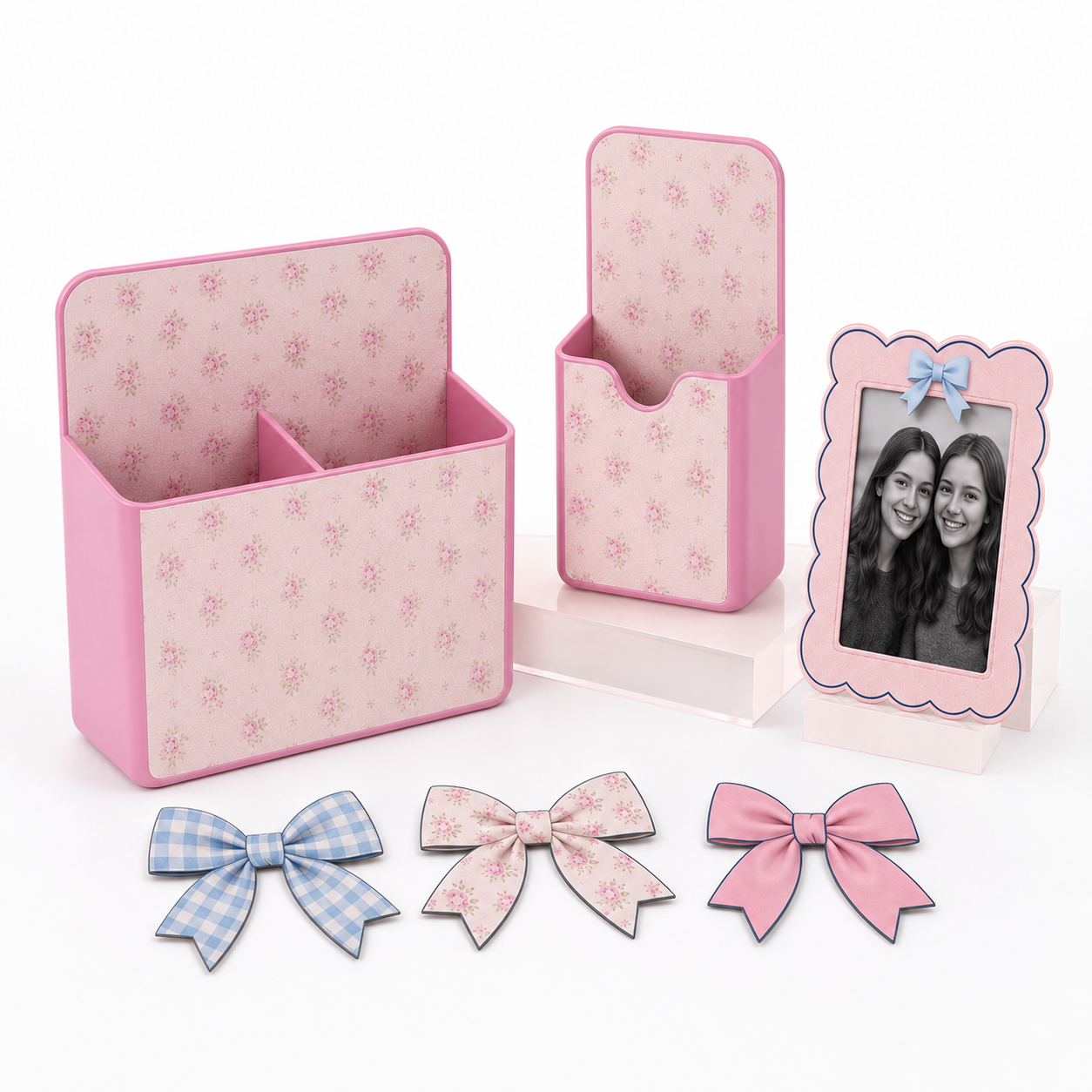 Magnetic Locker Decor Set, 6 Piece Locker Organizer With Pen Holders, Photo Frame and Bow Magnets, Cute Locker Accessories