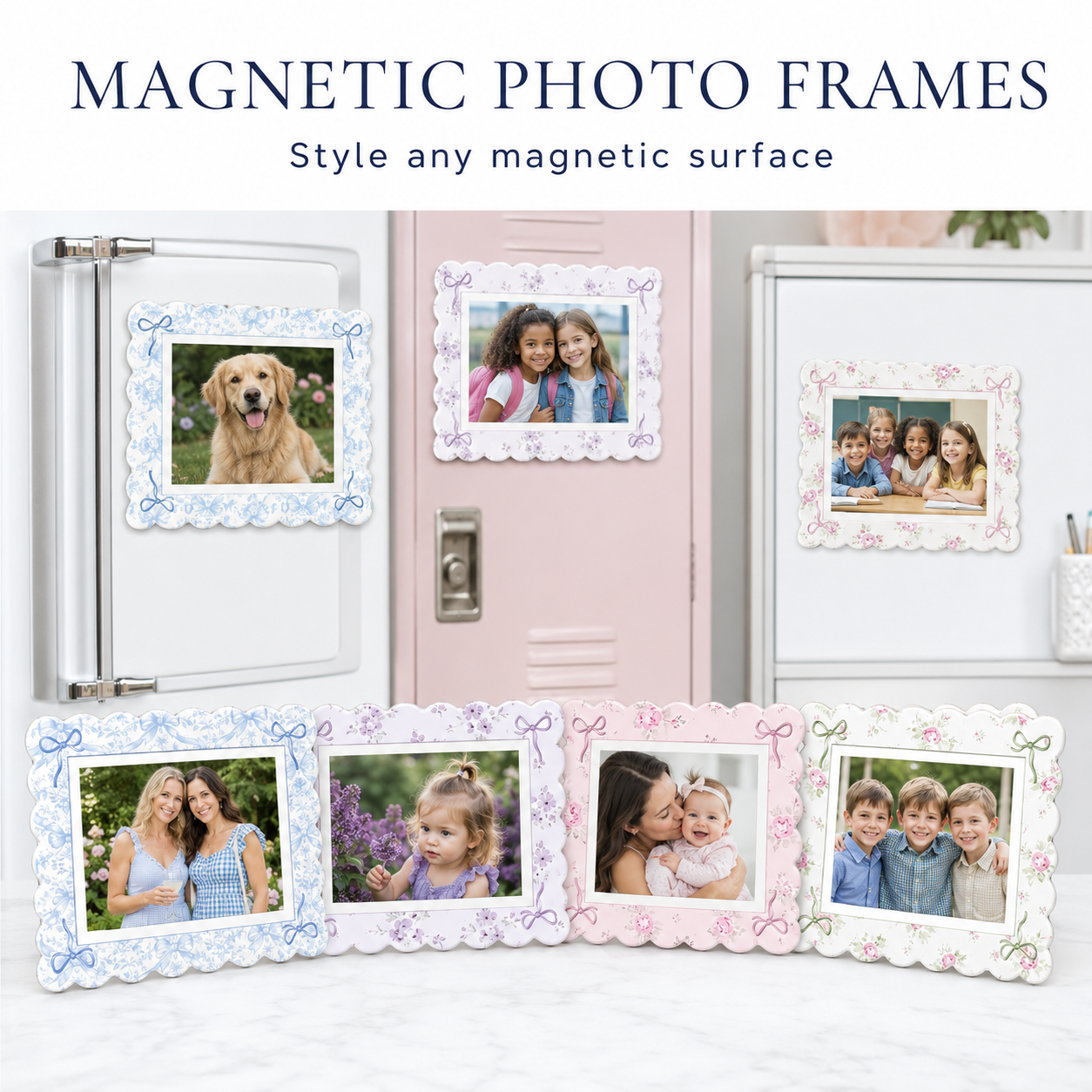 Magnetic Photo Frames Set of 4, Scalloped Floral 4x6 Picture Frames, Locker Fridge Classroom Whiteboard Décor