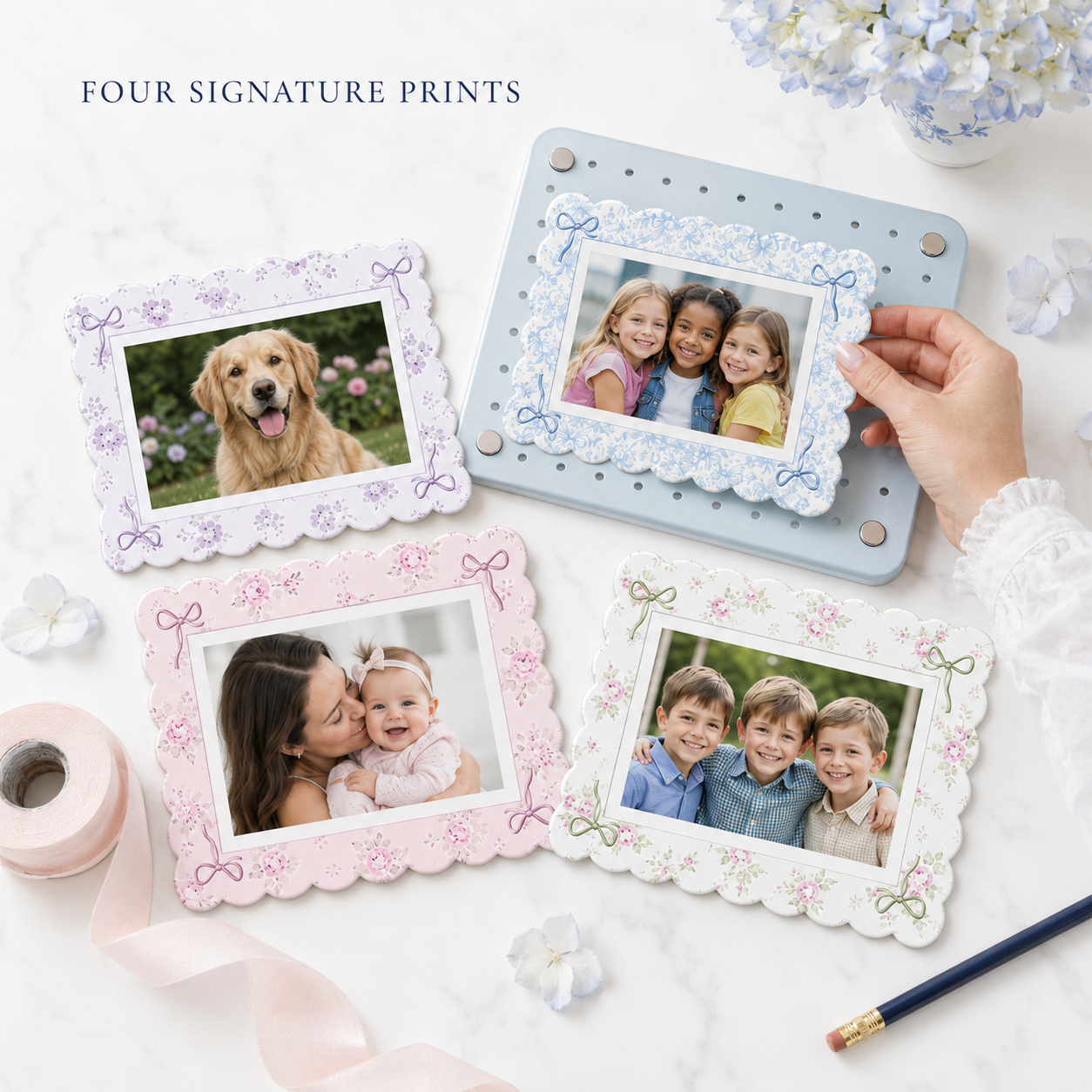 Magnetic Photo Frames Set of 4, Scalloped Floral 4x6 Picture Frames, Locker Fridge Classroom Whiteboard Décor