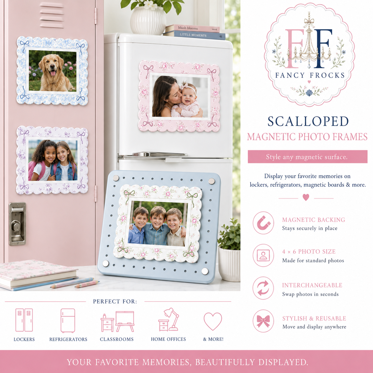 Magnetic Photo Frames Set of 4, Scalloped Floral 4x6 Picture Frames, Locker Fridge Classroom Whiteboard Décor