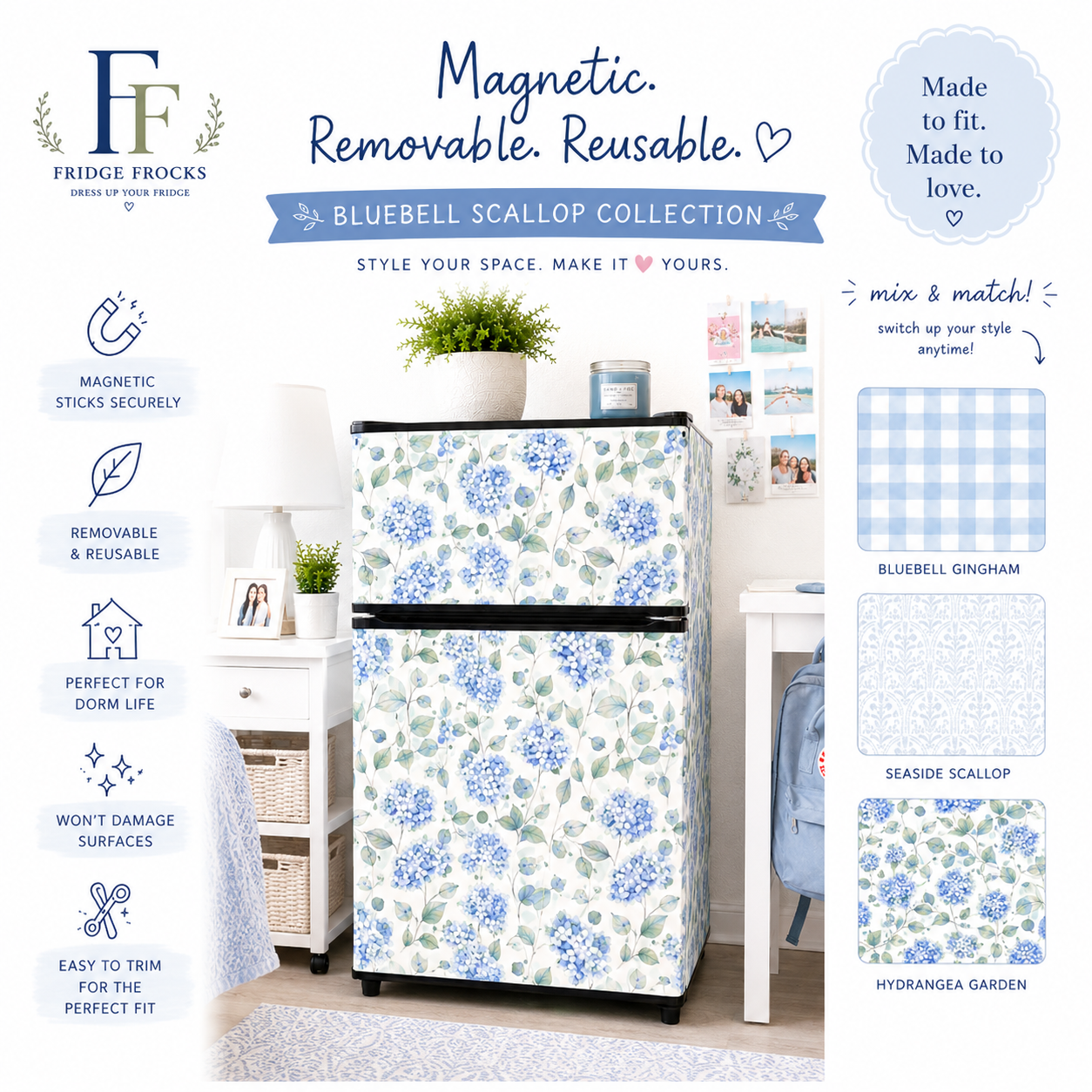 Magnetic Mini Fridge Panels | Fridge Frocks™ Removable Dorm Room Fridge Decor