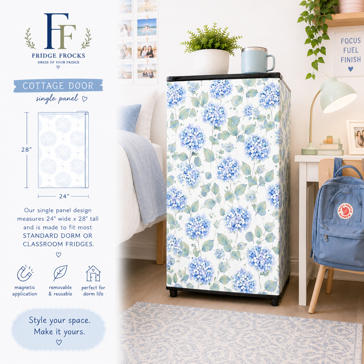 Magnetic Mini Fridge Panels | Fridge Frocks™ Removable Dorm Room Fridge Decor