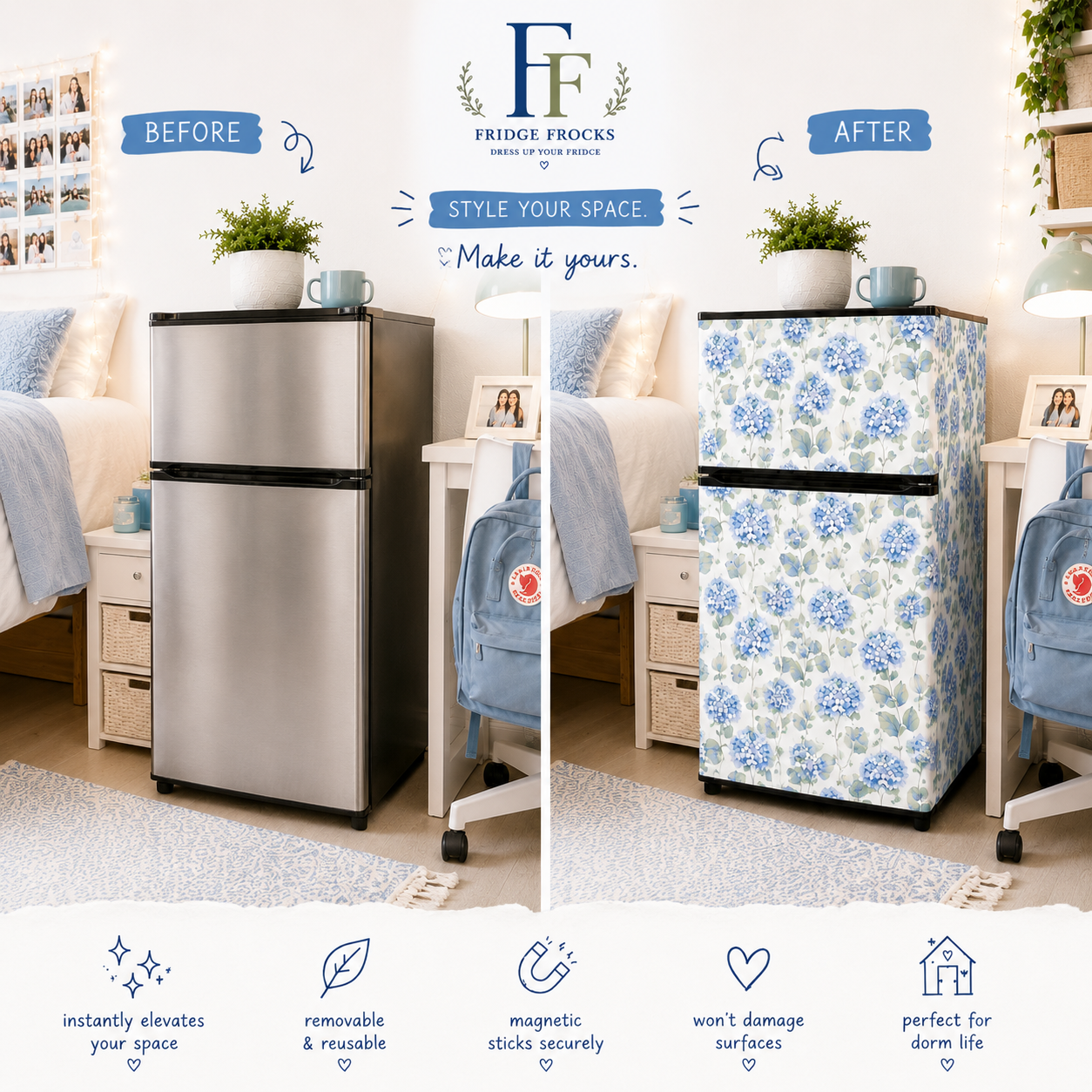 Magnetic Mini Fridge Panels | Fridge Frocks™ Removable Dorm Room Fridge Decor