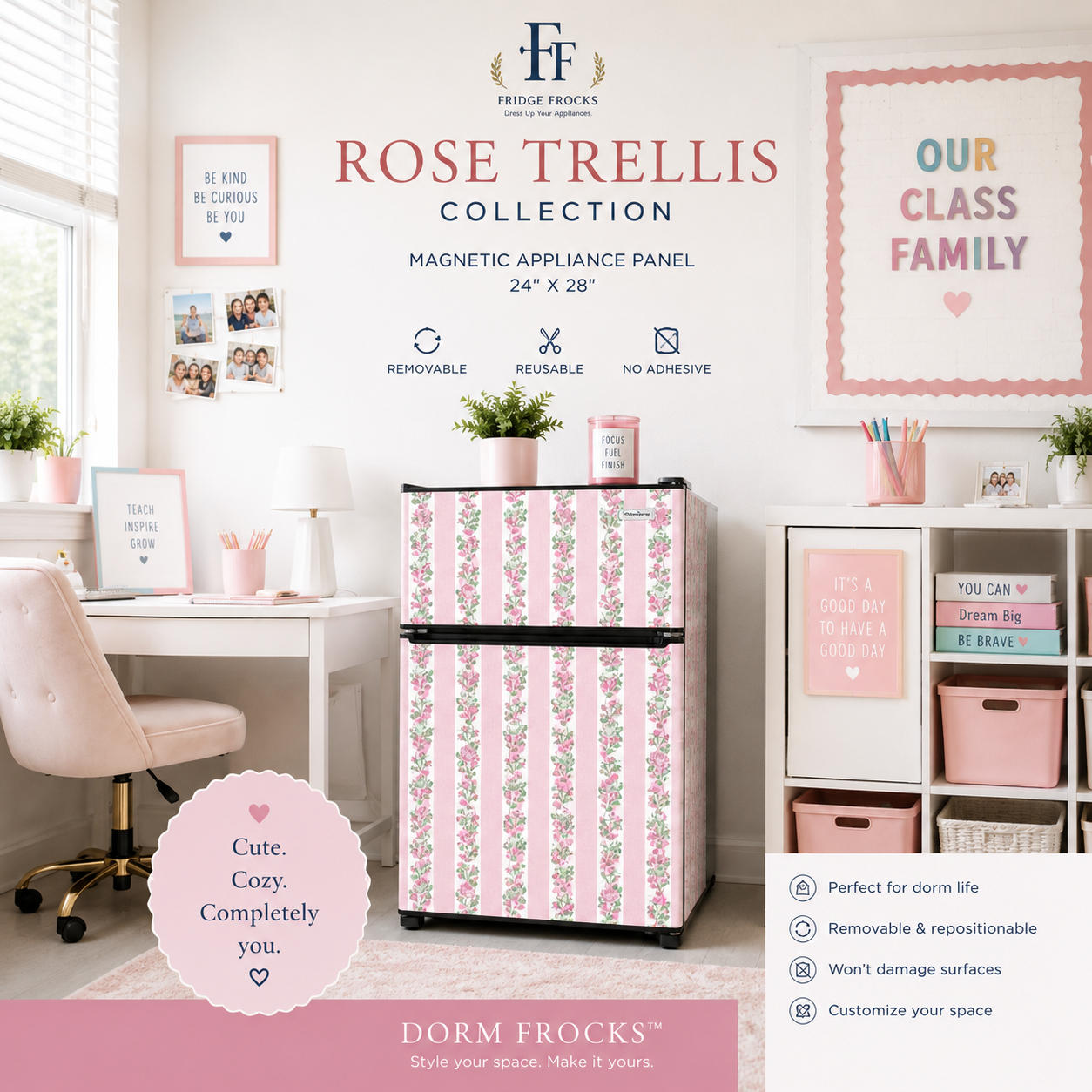 Magnetic Mini Fridge Panels | Fridge Frocks™ Removable Dorm Room Fridge Decor
