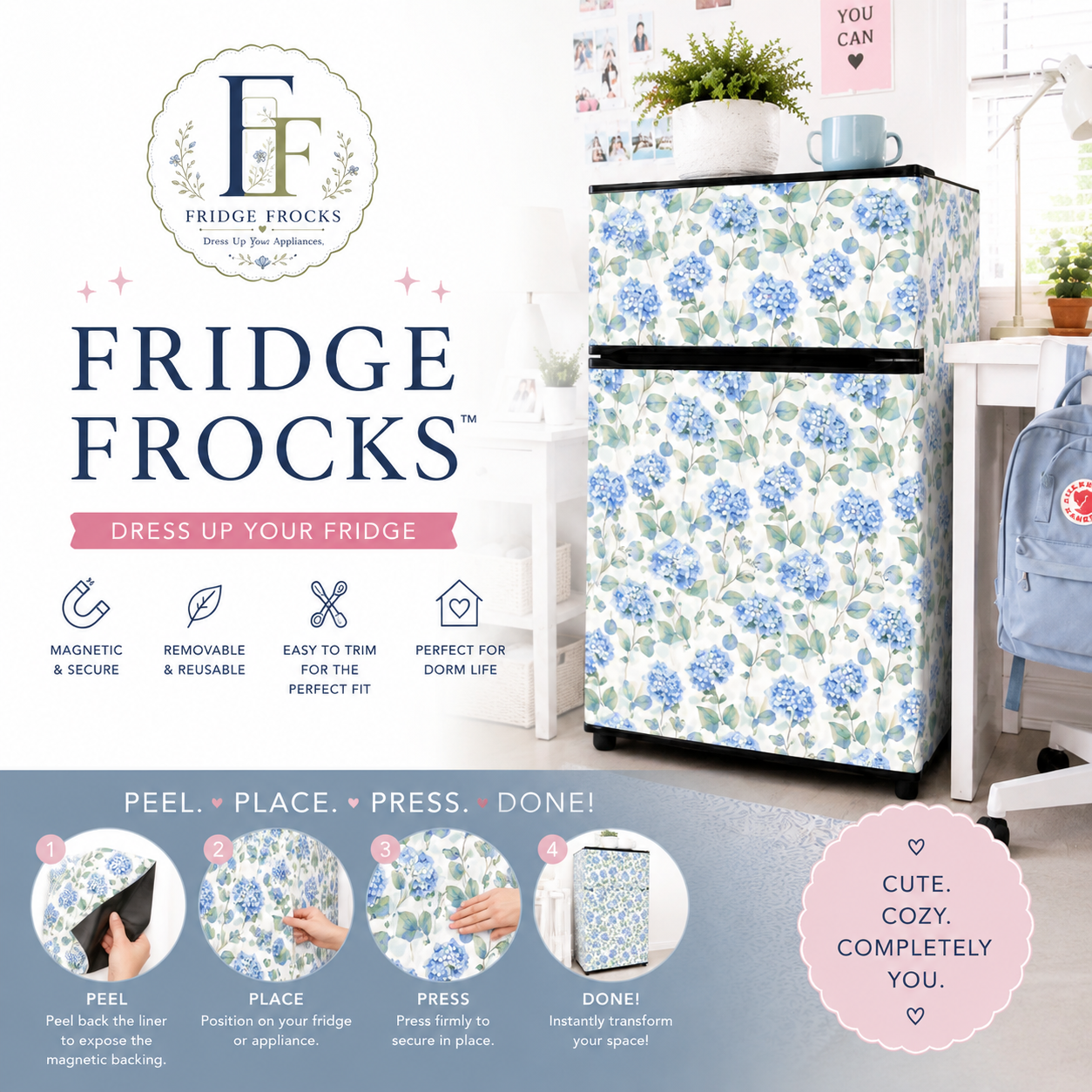 Magnetic Mini Fridge Panels | Fridge Frocks™ Removable Dorm Room Fridge Decor
