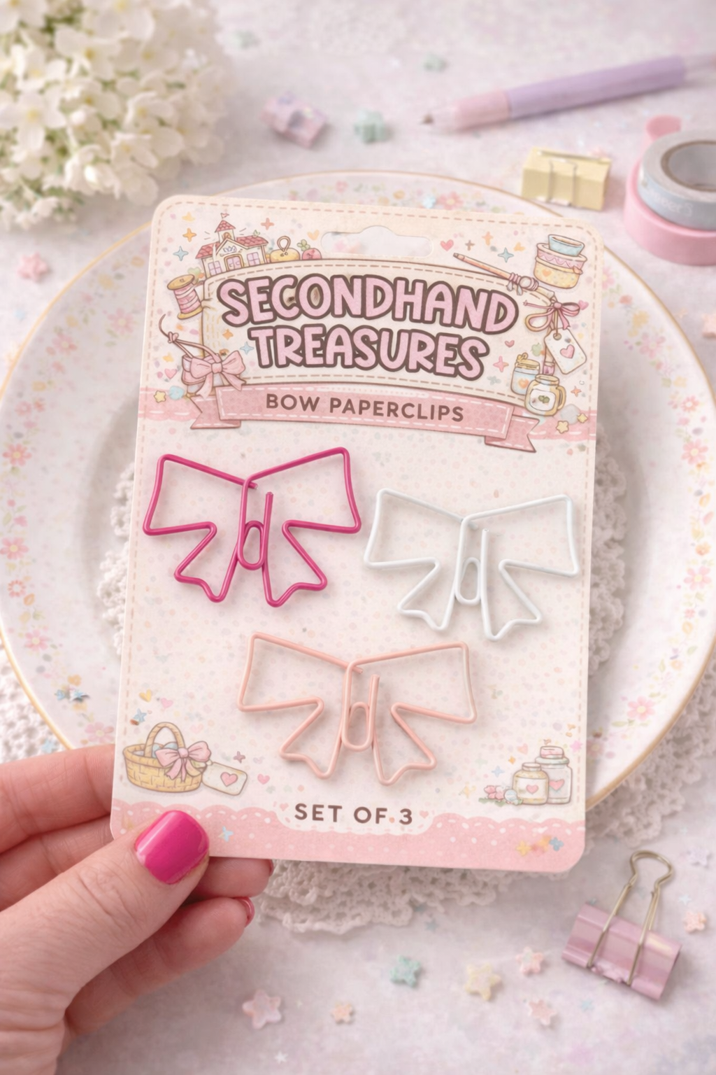 Secondhand Schoolhouse Bow Paperclips – Set of 3 | Vintage Thrift Inspired Planner Clips | Pink Desk Accessories | Coquette Office Supplies