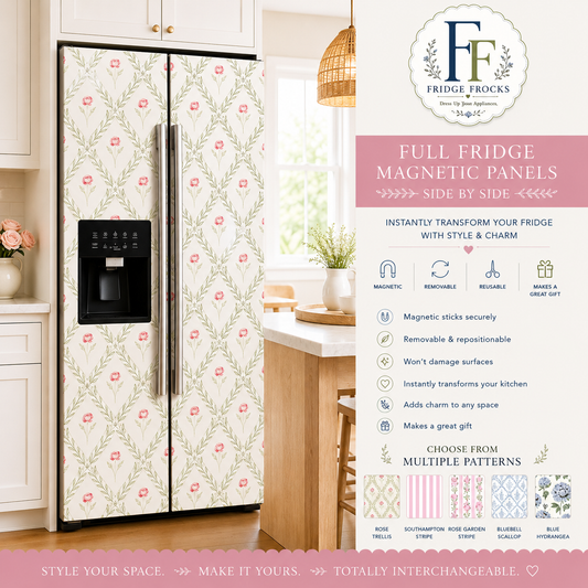 Magnetic Refrigerator Cover | Cottagecore Kitchen Decor | Floral Fridge Wrap | French Door, Side by Side & Top Freezer Panels