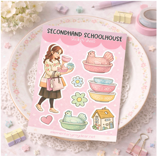 Secondhand Schoolhouse Sticker Sheet • Thrift Girl Aesthetic Stickers • Vintage Cottagecore Planner Stickers • Pyrex Bowls & Hen on Nest • Junk Journal & Scrapbook Stickers