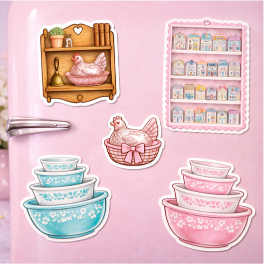Secondhand Schoolhouse Magnet Set • Set of 5 Vintage Cottagecore Fridge Magnets • Thrift Aesthetic Kitchen Magnets • Pastel Cottage & Mixing Bowl Magnets (4x4")