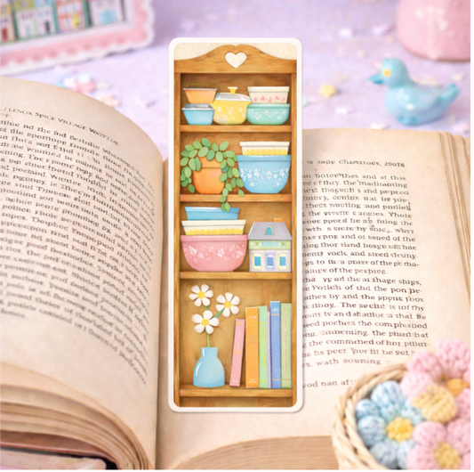 Secondhand Schoolhouse Bookshelf Bookmark • Double-Sided Laminated Cottagecore Bookmark • Thrift Aesthetic Vintage Shelf Bookmark • Pastel Reading Accessory