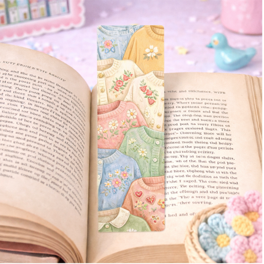 Vintage Embroidered Sweater Bookmark • Double-Sided Laminated Thrift Aesthetic Bookmark • Cottagecore Reading Accessory • Secondhand Schoolhouse Bookmark
