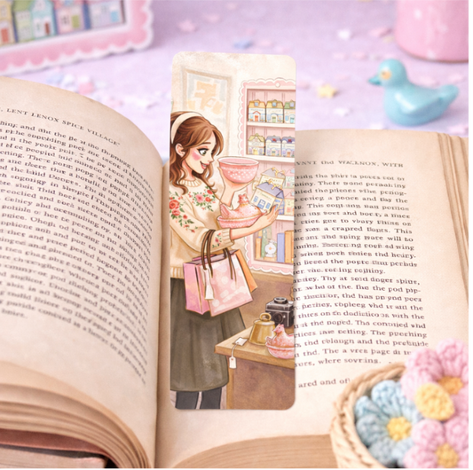 Thrift Girl Bookmark • Secondhand Schoolhouse Laminated Bookmark • Cottagecore Reader Bookmark • Vintage Thrift Aesthetic Reading Accessory