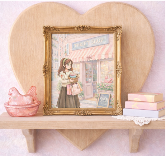 Thrift Shop Girl Art Print • Secondhand Schoolhouse 5x7 Cottagecore Wall Art • Vintage Thrift Aesthetic Decor • Pastel Gallery Wall Print