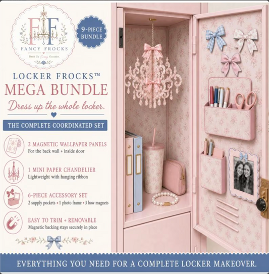 Magnetic Locker Wallpaper Mega Bundle with Mini Chandelier, Supply Pockets, Photo Frame & Bow Magnets