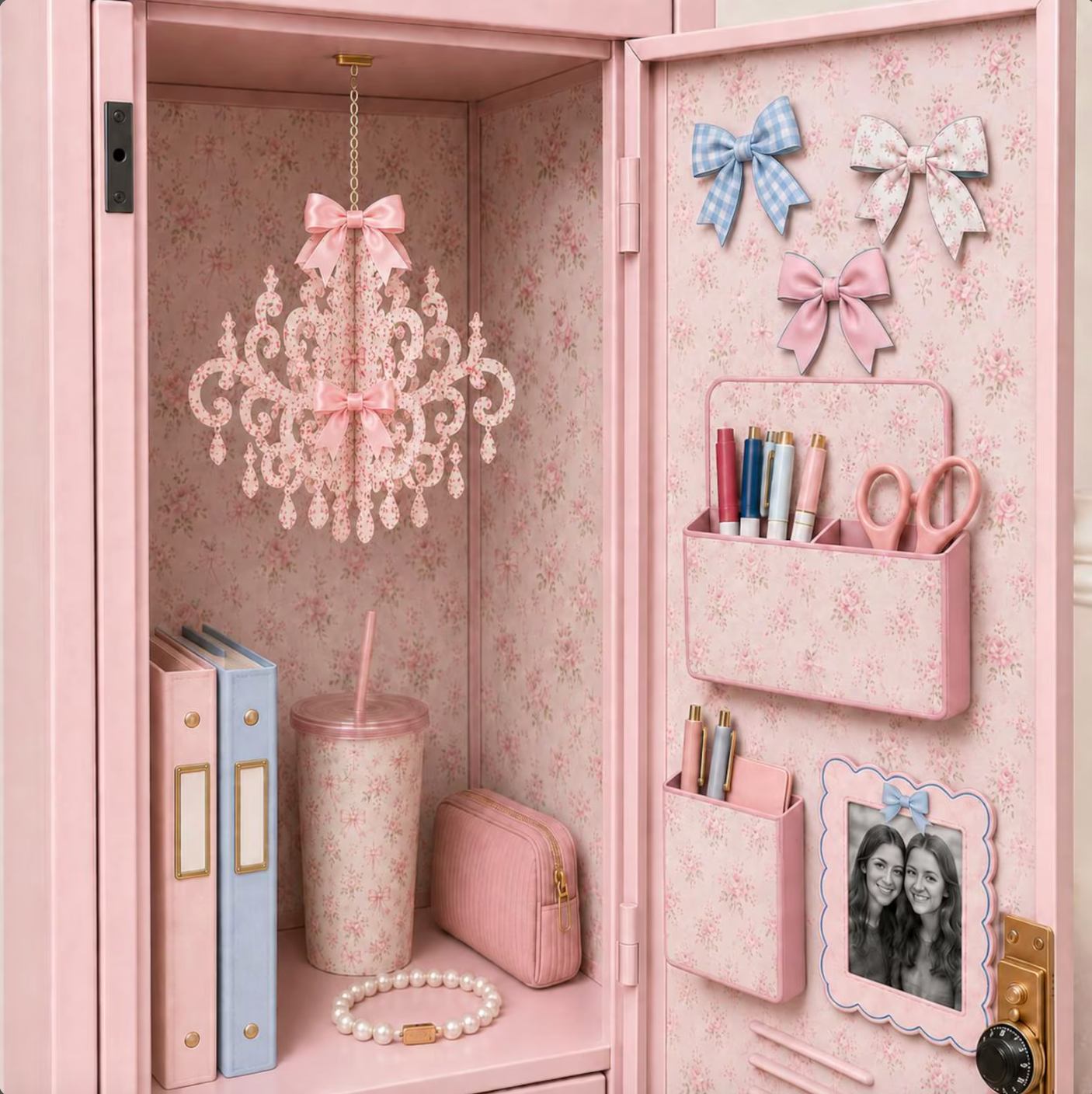 Magnetic Locker Wallpaper Mega Bundle with Mini Chandelier, Supply Pockets, Photo Frame & Bow Magnets