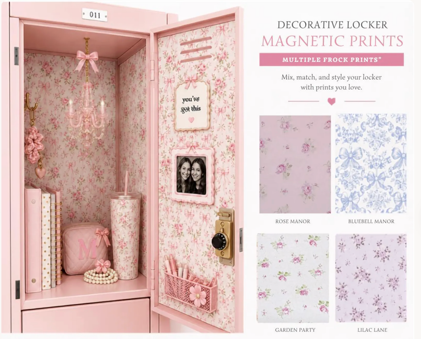 Magnetic Locker Decor Set, 6 Piece Locker Organizer With Pen Holders, Photo Frame and Bow Magnets, Cute Locker Accessories